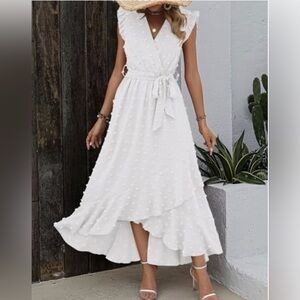 BTFBM White Swiss Dot High-Low Faux Wrap Dress, Tie Waist & Flutter Sleeve.